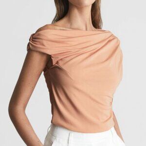 Reiss Celia Short Sleeve Draped Top Off Shoulder Ruched Bateau Open Shoulder Med